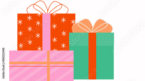 Colorful vector illustration of wrapped gift boxes in pink, orange and green for christmas