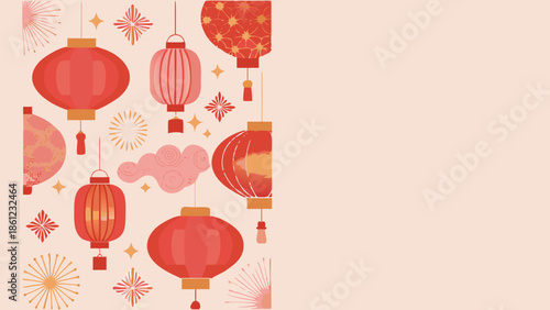 Chinese lanterns floating on subtle background with fireworks and stars