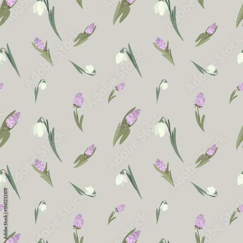 Spring flower bouquet and Easter egg decoration seamless pattern, snowdrop and narcissus vector illustration, floral garden background