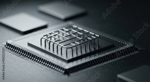 Close-up of a microchip with a metal grid structure and gray blocks