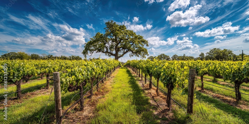 Naklejka premium Lush vineyard rows under a vibrant blue sky with fluffy clouds and a majestic tree in the distance