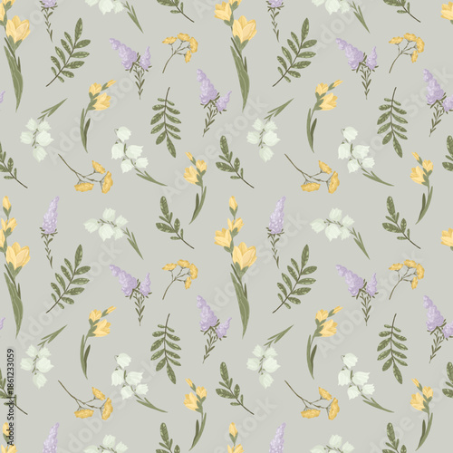 Spring meadow flowers and lavender seamless pattern, colorful botanical vector illustration, garden floral background for clothing or home decor