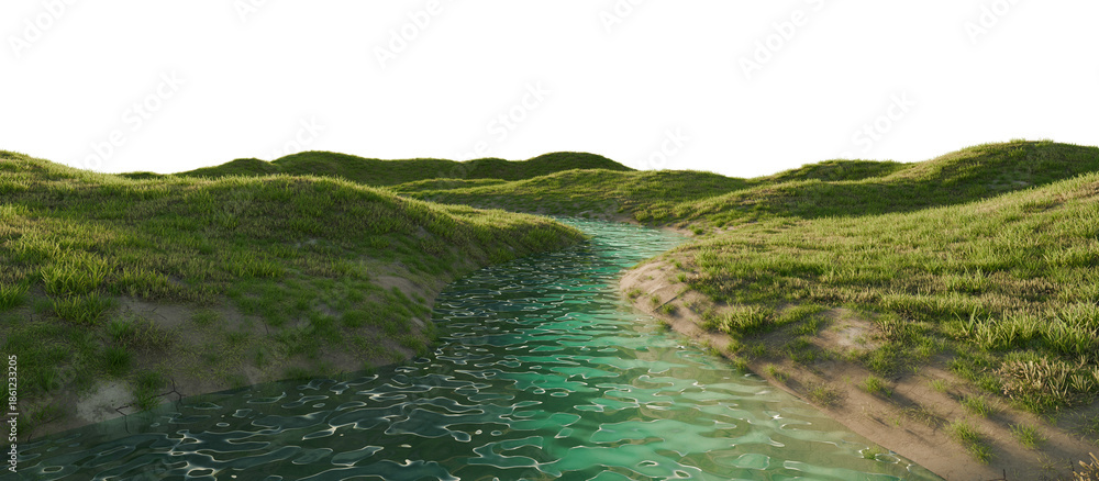 Naklejka premium Clear River Flowing Through Green Grassy Hills. 3D rendering.