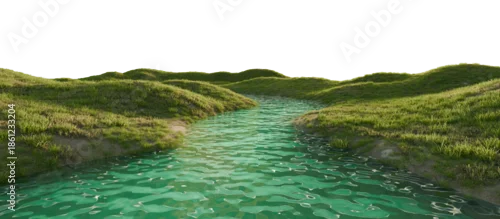 Panel kuchenny z motywem Clear River Flowing Through Green Grassy Hills. 3D rendering.
