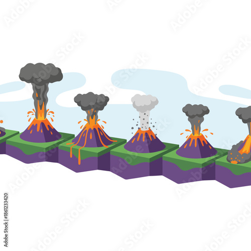 Volcano Eruption Stages Illustration Sequence.
