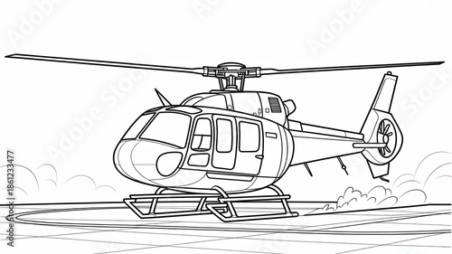 Black and White Line Art of a Generic Helicopter Taking Off Side Profile Skids Leaving Pad With Slight Dust Line and Minimalist Background