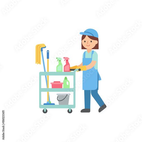 Woman Pushing Cleaning Cart with Supplies.