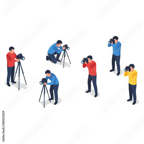 Isometric Photographers Capturing Moments with Cameras and Tripods.