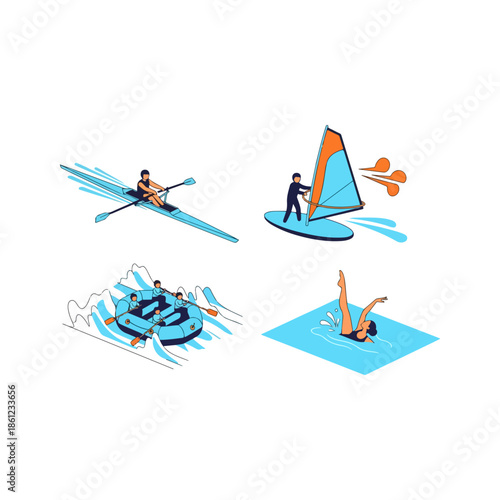 Water Sports Activities Illustration Set.