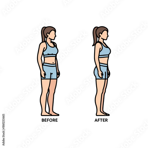 Womans body transformation before and after weight loss.