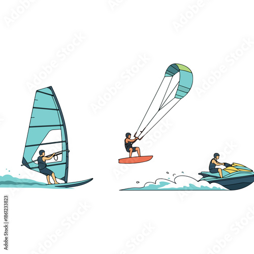Windsurfer Kitesurfer and Jet Ski Rider Illustration.
