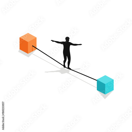 Man Balancing on Tightrope between Cubes.