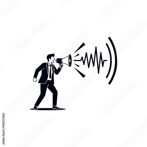 Man in Suit Using Megaphone Loudly.