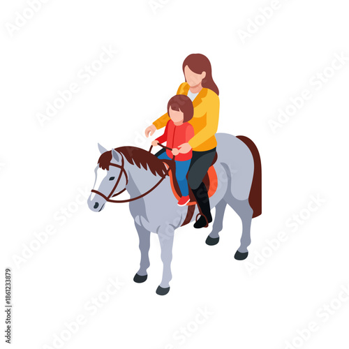 Woman Riding Horse with Young Child.