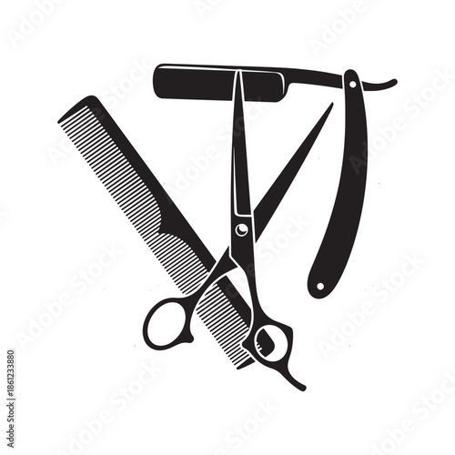 Minimal black and white barber tools illustration featuring scissors, comb, straight razor, and brush arranged in a creative typography-style composition.
