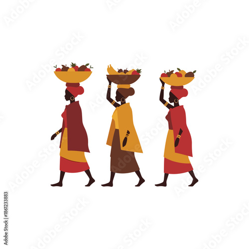 Three Women Carrying Baskets on Heads.