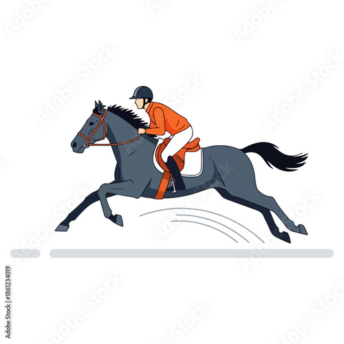 Jockey Riding Horse in Orange Outfit.