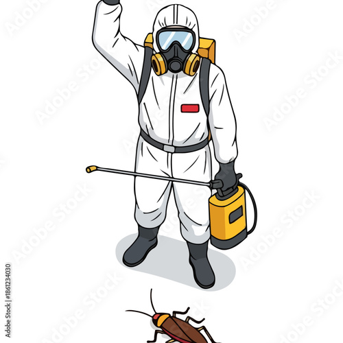 Pest control worker in protective suit spraying insecticide on cockroach.