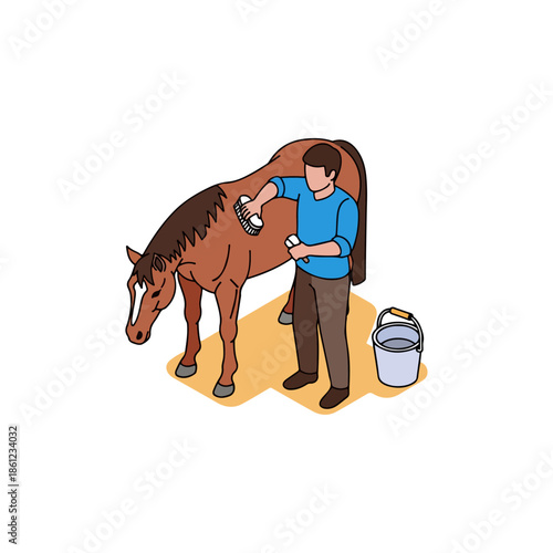 Man Grooming Brown Horse with Brush.