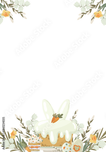 Easter cake frame with bunny ears and spring flowers, hand drawn vector illustration. Vertical border design with copy space for text