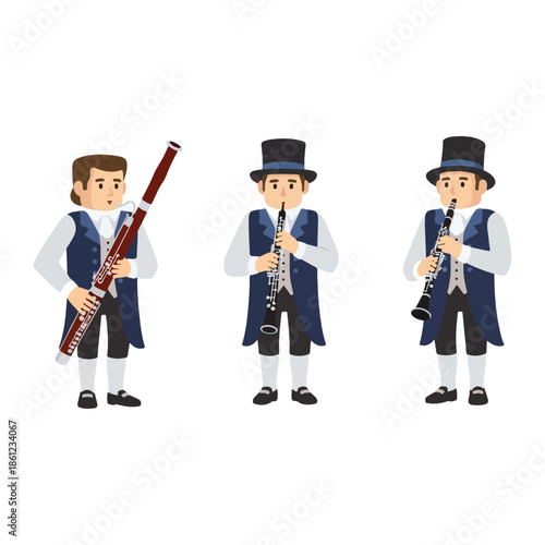 Three musicians in traditional attire playing woodwind instruments.
