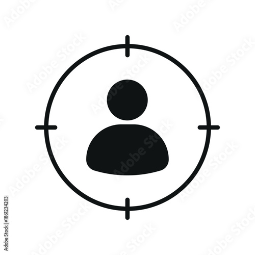 Target user icon with single person inside focus circle, representing individual customer targeting, user persona, profile selection, marketing analysis and user interface concept