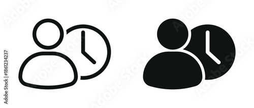 User overtime and time management icon with person and clock symbols, representing working hours, schedule tracking, productivity, deadline and workforce management concept