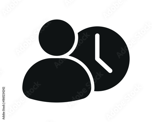 User overtime and time management icon with person and clock symbols, representing working hours, schedule tracking, productivity, deadline and workforce management concept