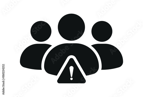 Group alert icon with people silhouettes and warning symbol, representing user warning, team issue, system notification, risk awareness and management alert concept