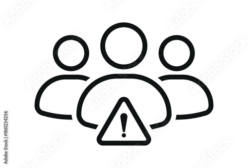 Group alert icon with people silhouettes and warning symbol, representing user warning, team issue, system notification, risk awareness and management alert concept