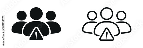 Group alert icon with people silhouettes and warning symbol, representing user warning, team issue, system notification, risk awareness and management alert concept