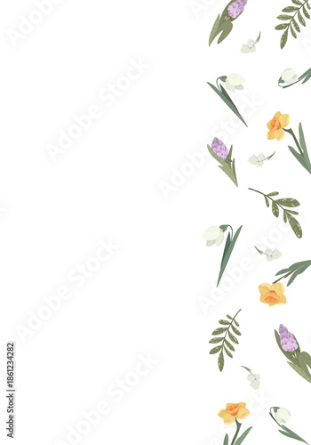 Easter vertical frame with cake, eggs and spring flowers on side, hand drawn vector illustration. Side border design for social media stories or card.