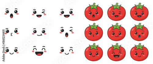 Cute Red Tomato Character Vegetable Illustration Icon Set with Expressions