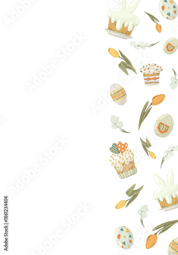 Easter vertical frame with cake, eggs and spring flowers on side, hand drawn vector illustration. Side border design for social media stories or card.