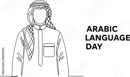 Arabic Language Day Greeting with Arab Man in Traditional Keffiyeh and Thobe Continuous Line Art Illustration