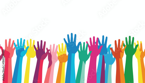 Multicolored Hands Raised in Unity and Support