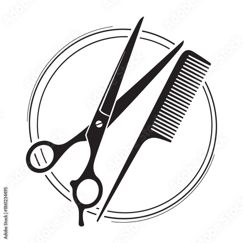 Minimalist barber logo featuring scissors and comb in a circular frame, perfect for hair salon branding, barber shop logos, and grooming services.