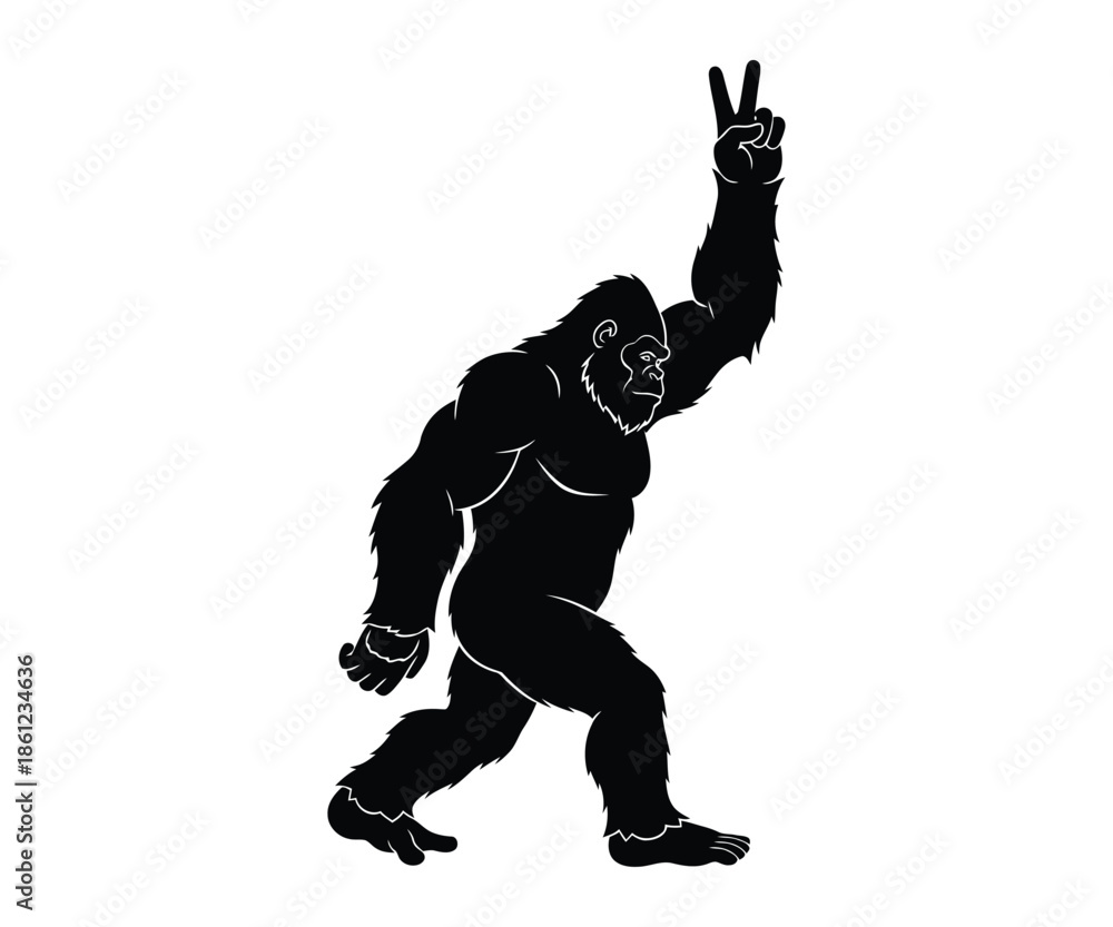 Fototapeta premium Bigfoot silhouette walking and showing peace sign vector illustration