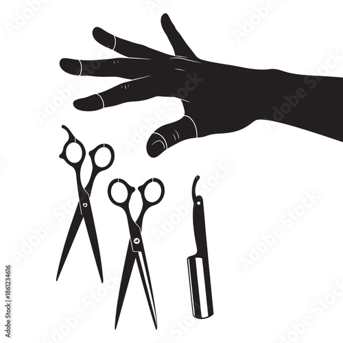 Minimal black and white silhouette illustration of a barber’s hand with scissors and straight razor, representing professional hair cutting and grooming tools.