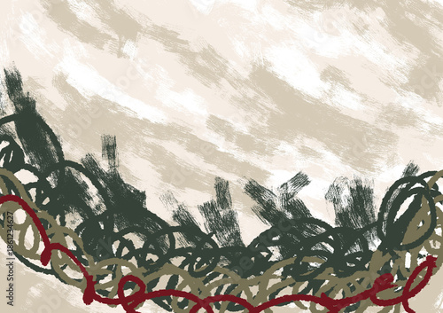 Contemporary Abstract Artwork Featuring Expressive Brush Marks, Muted Natural Tones with Striking Red Accents, Creative Art Background