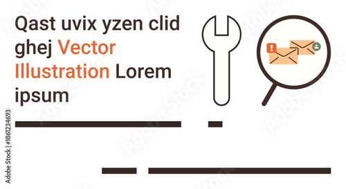 Data security, email troubleshooting, notifications, online tools, system repair, diagnostics. Magnifying glass, envelopes and wrench icon. Email troubleshooting data security concept