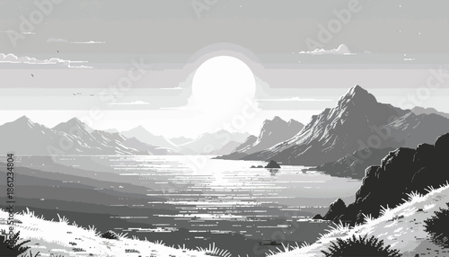 Mountain Landscape with Lake and Sun