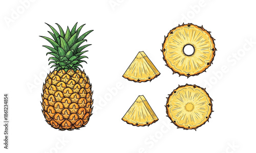 Fresh pineapple fruit with slices and ring pieces vector collection