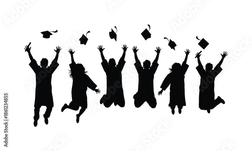Happy graduates jumping and throwing academic caps in celebration silhouette vector