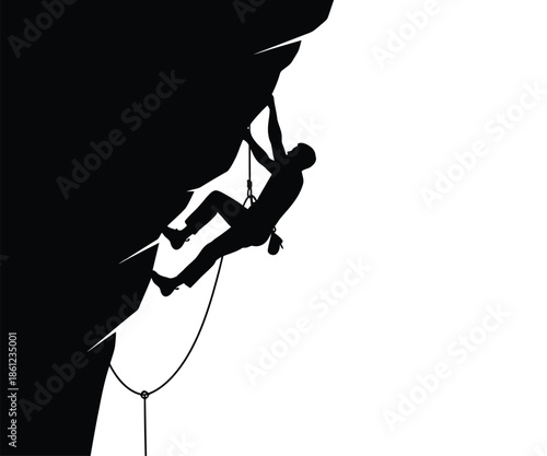 Silhouette of rock climber scaling steep cliff face determination
