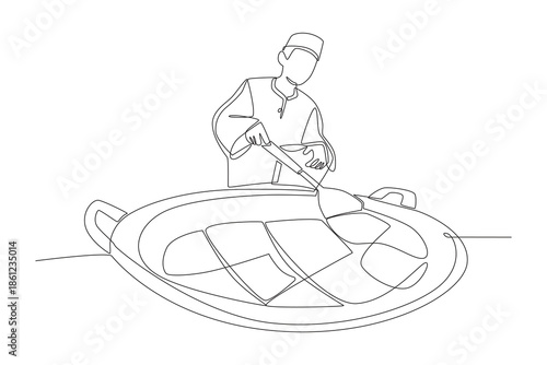 Young man cooking rendang. Cooking rendang concept one-line drawing