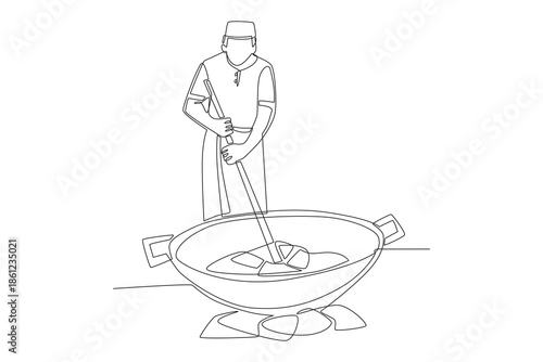 Men cooking rendang. Cooking rendang concept one-line drawing