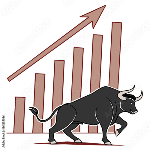 Black bull standing in front of rising bar graph with arrow