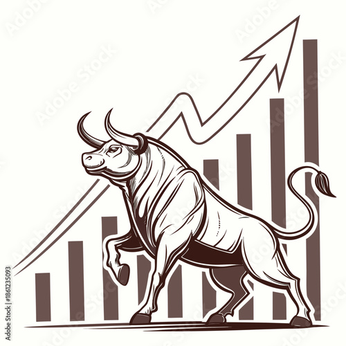 Brown bull symbol beside upward market graph bars prosperity