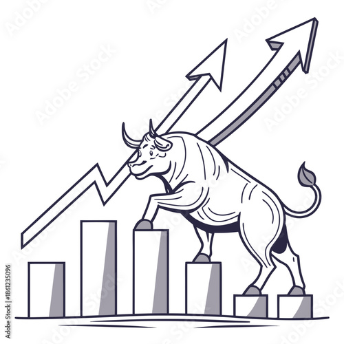 Bull statue on bar graph with upward arrows investment